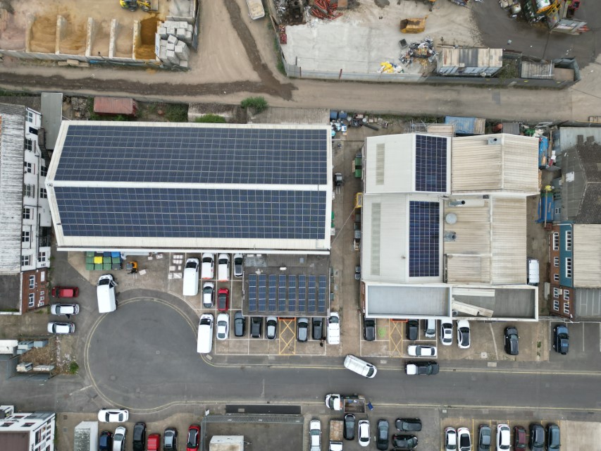 Solar power and panel installation by Powercor at an industrial space in Hersham, Surrey