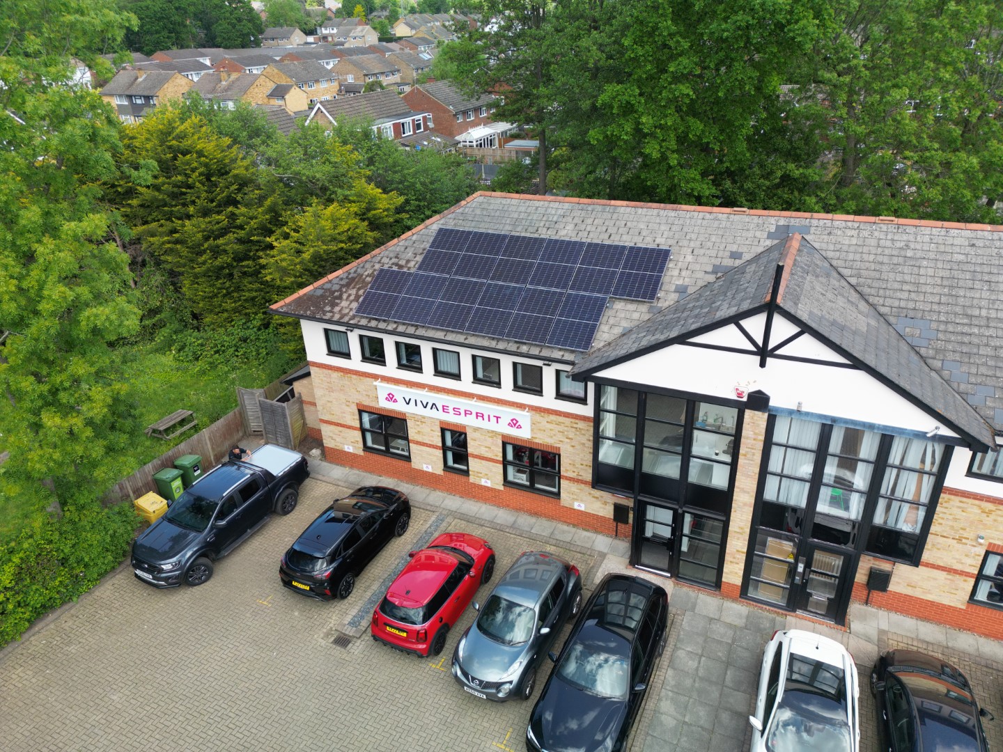 Solar power and panel installation by Powercor at the offices of Viva Esprit in Bagshot, Surrey